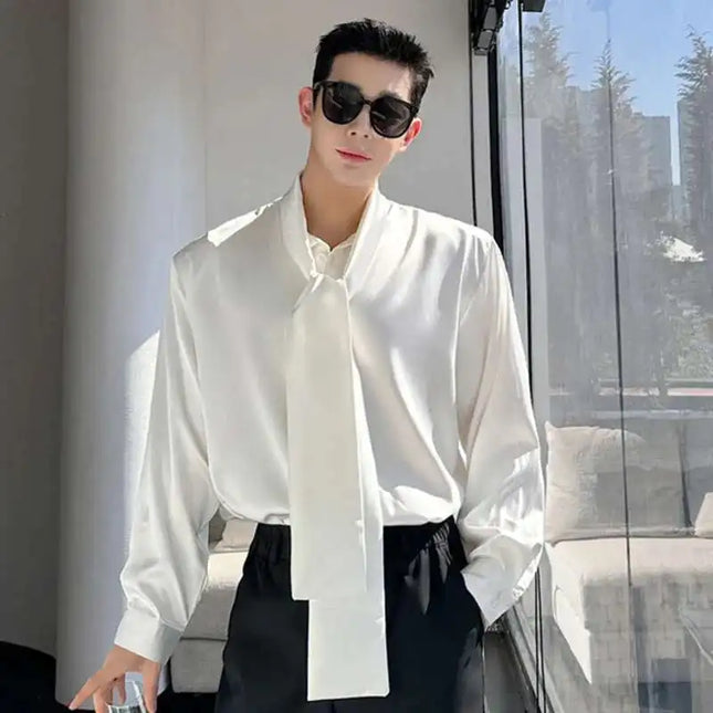 IEFB Koreanische Mode Herrenhemd Fliege Design Locker Einfach Frisch Langarm Casual Frühling 2024 Einfarbig Herren Oberteile 9C5081