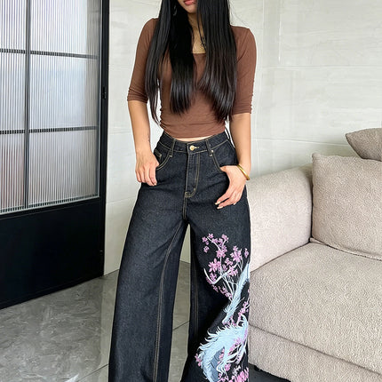 American High Street Vintage Dragon Totem Print Women's Pants, Trendy And Fashionable Black Versatile Wide-Leg Jeans For Women