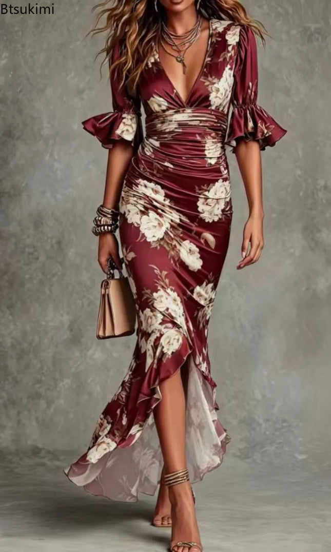 2026 Damen sexy Maxikleid mit tiefem V-Ausschnitt und Rüschen, weibliches Mode-Kleid mit floralem Muster, Meerjungfrauen-Partykleid, ausgestellte Ärmel, Satin-langes Kleid