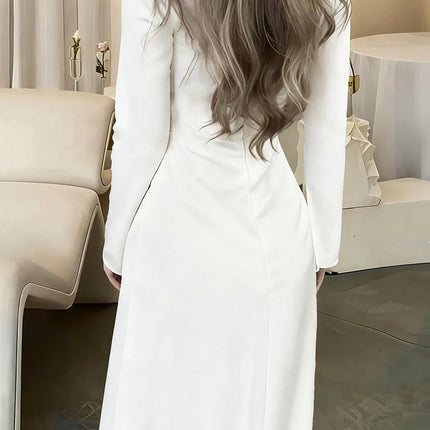 Temperament Women Long Sleeve Party Maxi Dresses Fashion Square Collar Pleated Evening Dress White Slim High Waist Banquet Dress