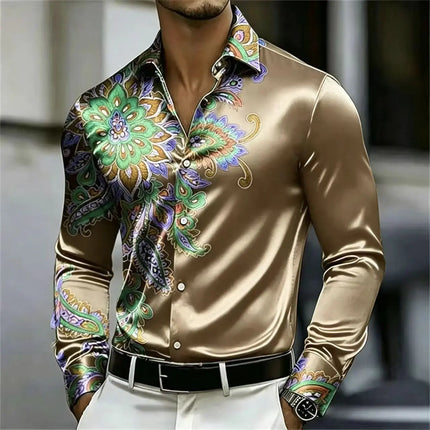 Men's Satin Paisley Printed Shirt Luxury Glossy Long Sleeve Casual Button Down Dress Shirts Nightclub Party Wear