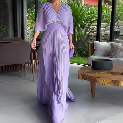 Elegant V-neck Waist Evening Dress Women Casual 3/4 Sleeve Solid Pleated Maxi Dress Spring Autumn Fashion Pullover Party Dresses