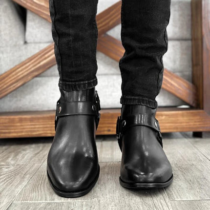 Black Buckle Genuine Leather Ankle Boots for Men Low-heeled Western Boots Safety Shoes Man for Work Handmade Winter Desert Boots