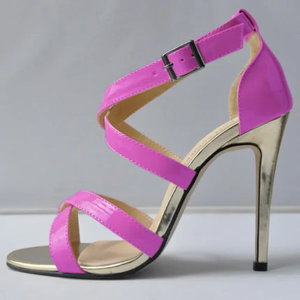 Metal Heel Sexy Crocodile Pattern/Patent Leather Women Sandals 2025 New Open Toe Cross Buckle High Heels Dress Party Shoes Woman