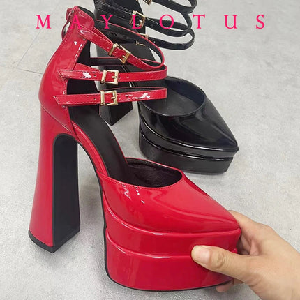 Size 35-42 Point Toe High Heels Platform Women's Shoes With Straps Sexy Pump Latest Buckle Casual Pumps Female Chunky Shoes