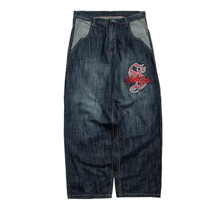 Y2K retro graffiti pattern washed loose hip hop plus size skateboard straight jeans sports casual reflective layered trousers