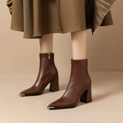 2024 Spring Autumn New Square Head Solid Color Versatile Side Zipper High Heels Women's Outwear Fashion Boots Single Boots Women