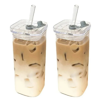 1pcs Square Heat Resistant Coffee Glass Cup With Lid and Straw Transparent Milk Tea Juice Cups Coffee Mug For Home Bar Drinkware