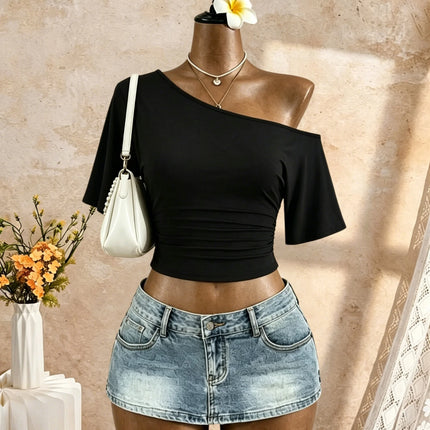 Women One Shoulder Short Sleeve Side Ruched Cropped T Shirt 2026 Summer Y2K Going Out Casual Streetwear Tops