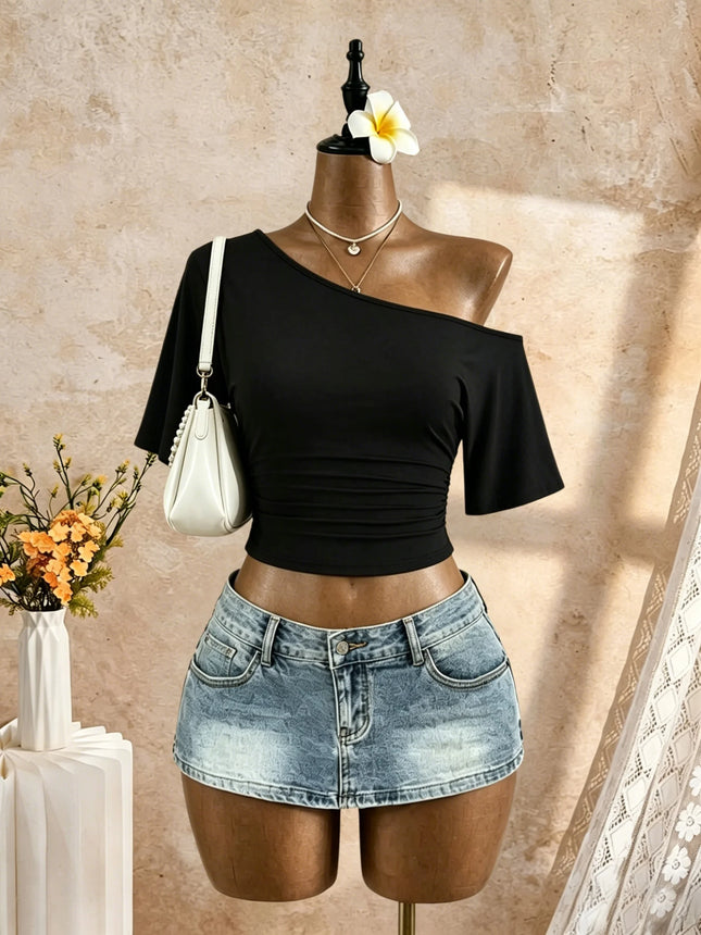 Damen One-Shoulder Kurzarm Seitlich Gerafftes Cropped T-Shirt Sommer 2026 Y2K Going Out Lässige Streetwear Oberteile