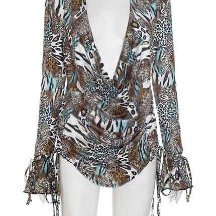 Nibber Hipster 2 Piece Set Women Sexy Swing Collar Shirring Bell Sleeve Backless Top+Bike Short Sexy Stretch Leopard Print Suit