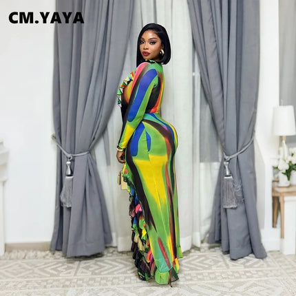 CM.YAYA Women Ruffles Splicing V-neck Long Sleeve Bodycon Maxi Long Dress 2026 Autumn Birthday Sexy Club Party Even Dresses