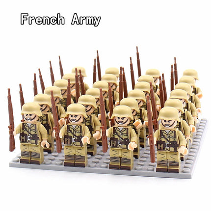 WW2 24pcs/Lot Military Soldiers Building Blocks Set Weapons Soviet US UK China France Army Action Figures Bricks Toys Kids Gifts