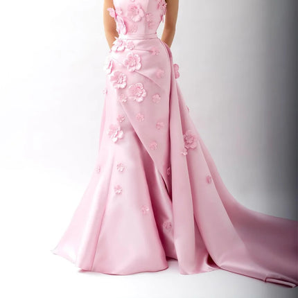 Bella Pink Straples Robes De Soirée 3D Flowers Mermaid Detachable Train Prom Dresses Sleeveless Customized Wedding Dress 2024
