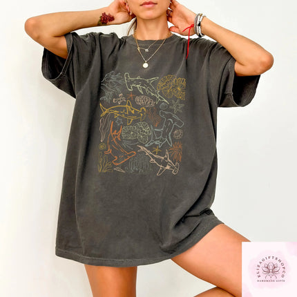 Vintage Comfort Shark Boho Shirt Marine Biologist Gift Ocean Lover Tee Cotton Short Sleeve Unisex Y2K Casual Shirt Streetwear