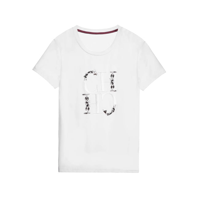CHCH Damen T-Shirt 2025 Neu Handbesticktes Heavy Industry Freizeit-Top Einfacher Rundhals Kurzarm Damenbekleidung