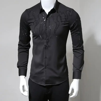 Men's Spring Autumn Light Luxury Rhinestone Shirt Fashion Versatile Slim Fit Long Sleeve Stylish Casual Button Down Top