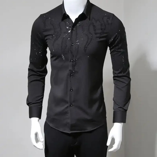 Camisa de hombre de lujo ligero con diamantes de imitación para primavera y otoño, a la moda, versátil, corte ajustado, manga larga, elegante, casual con botones
