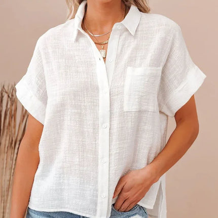 New Fashion Cotton Linen Women's Shirts Casual Loose Short Sleeve Women Blouses Button Up Summer Woman Tops Clothes