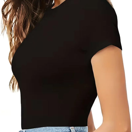 Women Solid Color Slim Fit Short Sleeve Bodysuit Summer Crew Neck Adult Gymnastics Dance Tops Jumpsuit