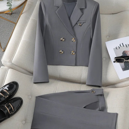 Solid Suits for Women 2024 Spring Fashion Office Ladies Long Sleeve Double Breasted Short Tops Chic Slim High Waisted Pant Suits