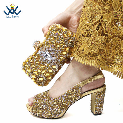 2025 Italian Design Classics Style Shoes and Bag Set in Orange Color INS New Arrivals High Quality Full Crystal with Platform