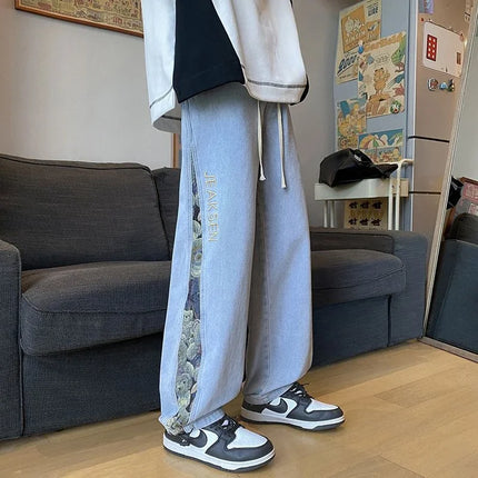 2023 Embroidered Bear Jeans Men's Spring Fall Straight Leg Loose Plus Wide Leg Fashion Brand American High Street Casual Pants
