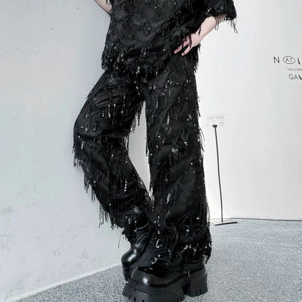 2025 Fashion Sequin Tassel Wide Leg Pants Stage Performance Costume Man Woman Punk Hip Hop Straight Pants Black White Red