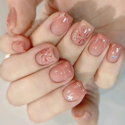 24Pcs Short Oval Gradient Pink Press On Nails Glossy Finish Full Cover False Nails for Women&Girl Removable Wearable Nail Art