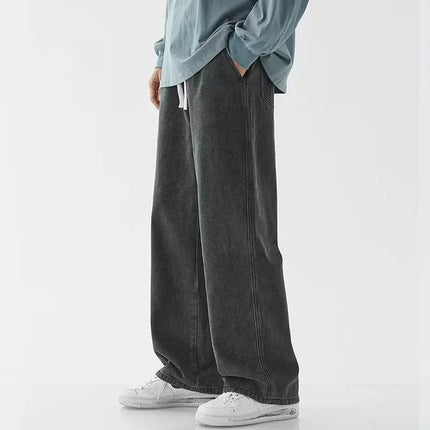 Korean Solid Colors Men's Casual Long Jeans Classic Male Four Seasons Straight Denim Wide-leg Pants Light Blue Grey Black S-3XL