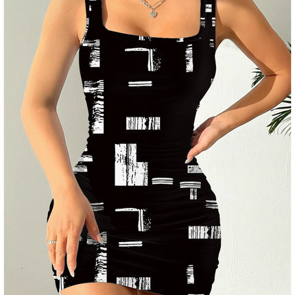 Women's Geometric Print Round Neck Sleeveless Camisole Dress Summer Casual Fashion Comfortable Mid-Length Skirt
