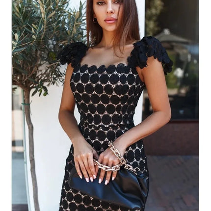 Women's Hollow Out Flower Lace Patchwork Slim Midi Dresses Temperament Solid Color Package Hip Dress Lady Commuting Vestidos