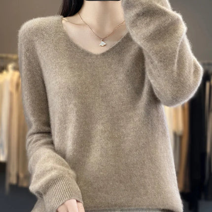 Fashion100% Merino Wool Sweater Cashmere  Pullover Women Knitwear V-Neck Long Sleeve  Autumn Winter Fashion Basic Clothing  Tops