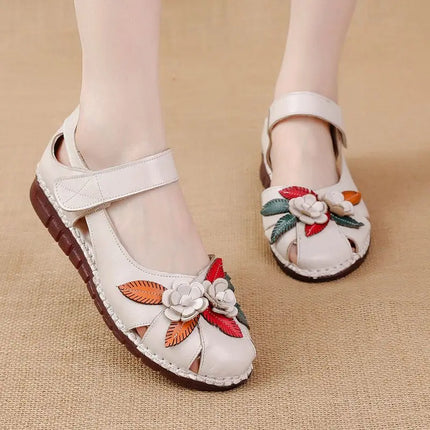 Size 42 Flat Heel Genuine Leather Sandals Woman Summer Hollow Out Shoes Mom Women's Retro Flower Orthopedic Sandals for Ladies
