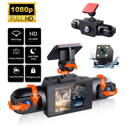 4-Channel 1080P Dash Camera Front Rear Left Right Camera Night Vision Adjustable Lens DVR with 64GB Card for Vehicle Safety