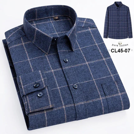 Mens 100% Cotton Casual Shirt Slim Fit Button Classic Striped Plaid Long Sleeve Shirts Single Pocket Comfortable Workwear Shirts