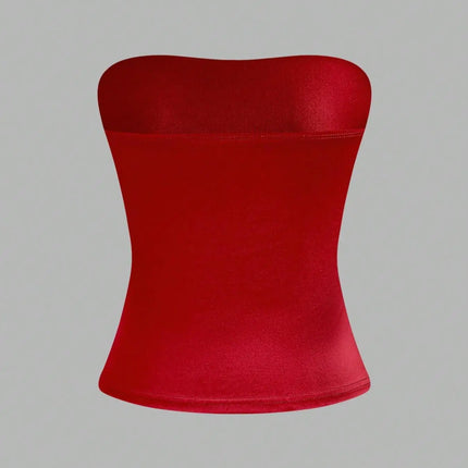 Women Red Solid Color Strapless Bandeau Top Casual Slim Fit Form Fitting Tube Top For Daily Wear Streetwear & Y2K Style