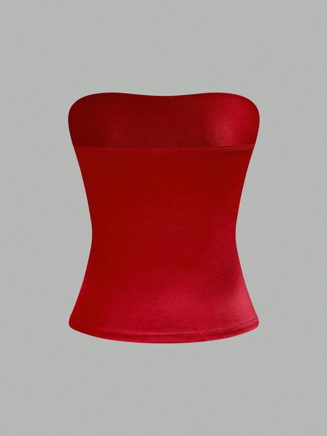 Women Red Solid Color Strapless Bandeau Top Casual Slim Fit Form Fitting Tube Top For Daily Wear - product image 2