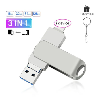 Rotate USB 3.0 Flash Drive 8GB 16GB with 3-in-1 Type-C to Lightning Interface 32GB Pendrive for iPad 11/12/13/14