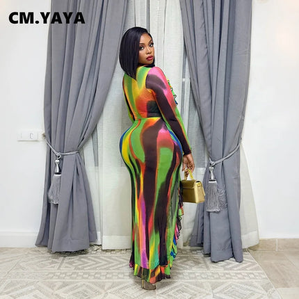 CM.YAYA Women Ruffles Splicing V-neck Long Sleeve Bodycon Maxi Long Dress 2026 Autumn Birthday Sexy Club Party Even Dresses