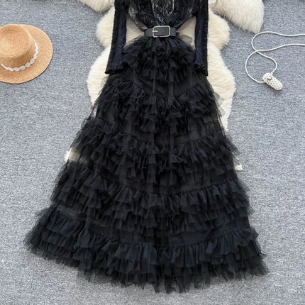 Elegant Cake Dress Spring Clothing Women Full Sleeve O-neck Maxi Long Dresses Evening  Party Club Ball Gown Mesh Dress Vestidos