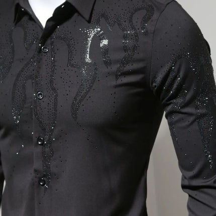 Men's Spring Autumn Light Luxury Rhinestone Shirt Fashion Versatile Slim Fit Long Sleeve Stylish Casual Button Down Top