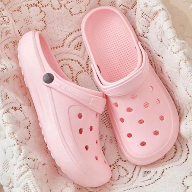 Women Summer DIY Clogs Fashion Bear Pearl Decor Beach Slides Cave Hole Garden Shoes Casual Flats Female (Independently Packaged)