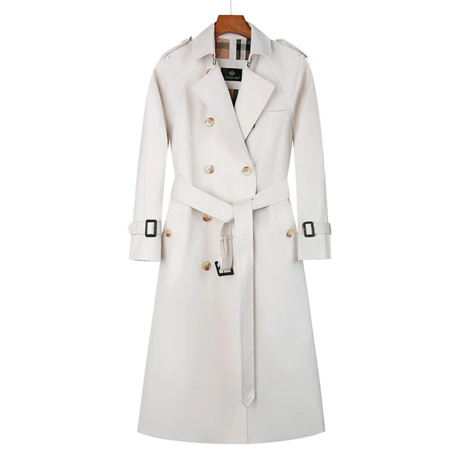 Hochwertiger khakifarbener, doppelreihiger Baumwoll-Trenchcoat für Damen, britische Mode, maßgeschneiderter, regenabweisender langer Damen-Trenchcoat, Windjacke
