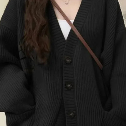 Loose Cardigan Women Long Sleeve V-neck Knitted Black Slouchy All-match Female Autumn Winter Coats Korean Chic Baggy Tops MLQ9