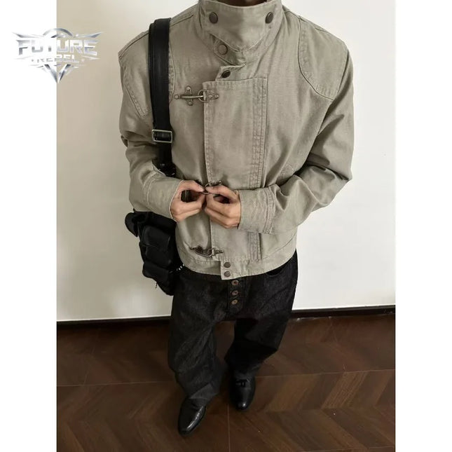 Chaqueta unisex con cuello vuelto, abrigo corto de trabajo retro americano, ropa de calle de otoño, ropa de abrigo informal de ajuste holgado, hombre Harajuku, nueva.