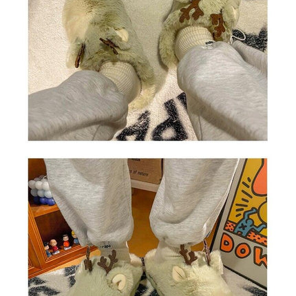 White Slippers For Women Fuzzy Cute Antlers Warm Animal Memory Foam Plush Women Men Indoor Outdoor Bedroom Slippers Fur Home Slippers For Women Memory Foam Anti-Slip Cozy Fluffy Outdoor Indoor Warm Slippers